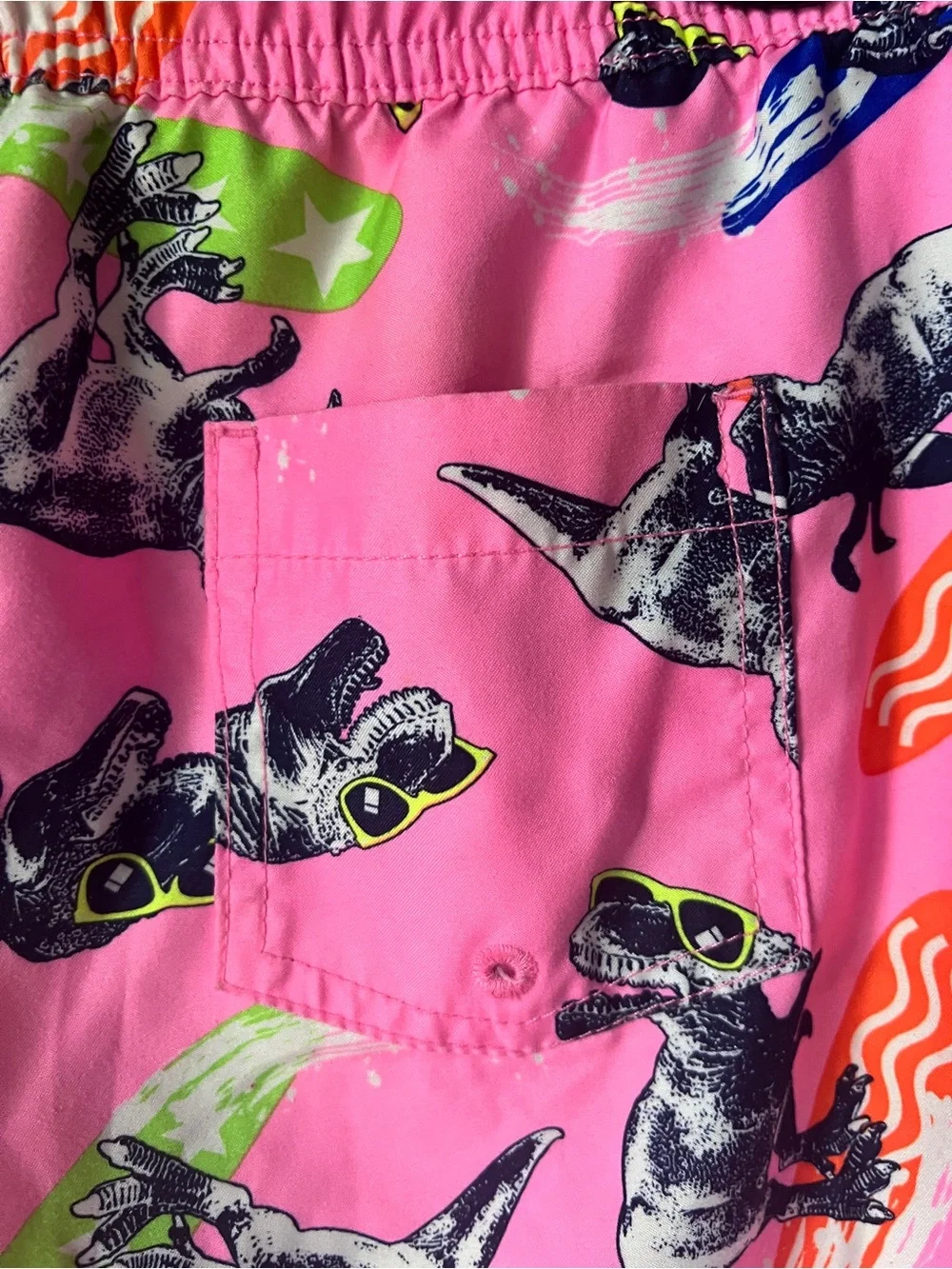 Lands’ End Boys XXL 18-20 Dinosaur Swim Trunks Pink Surf T Rex Board Shorts